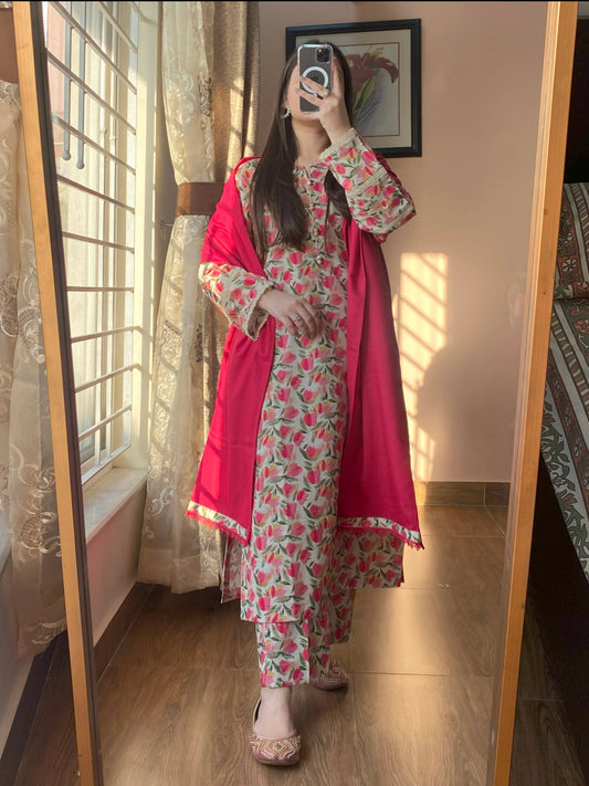 Cultural Fusion 3Pc Khaddar Printed Peach Floral Dress