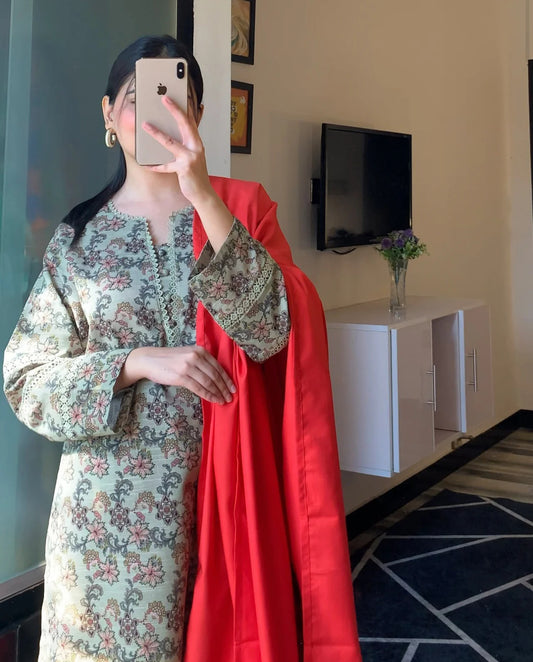 Cultural Fusion Khaddar Printed Smoke Green Dress