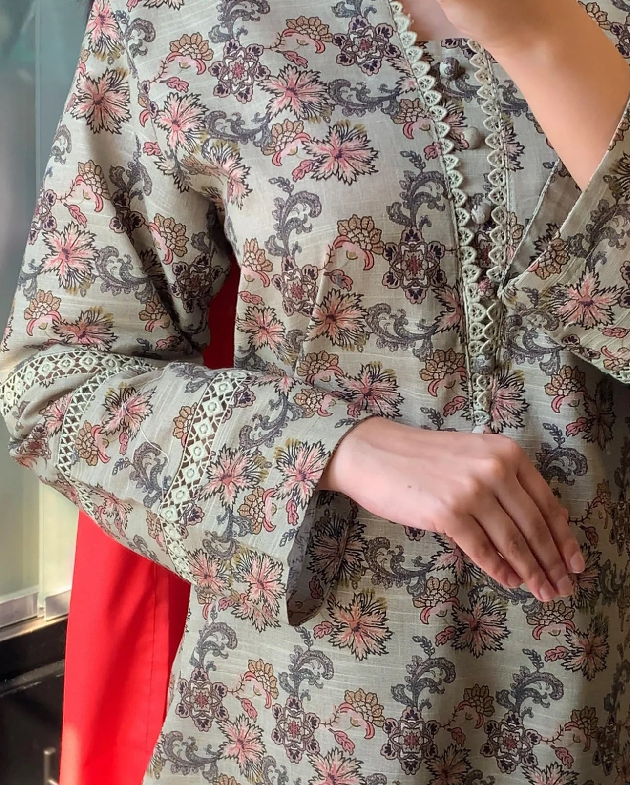 Cultural Fusion Khaddar Printed Smoke Green Dress