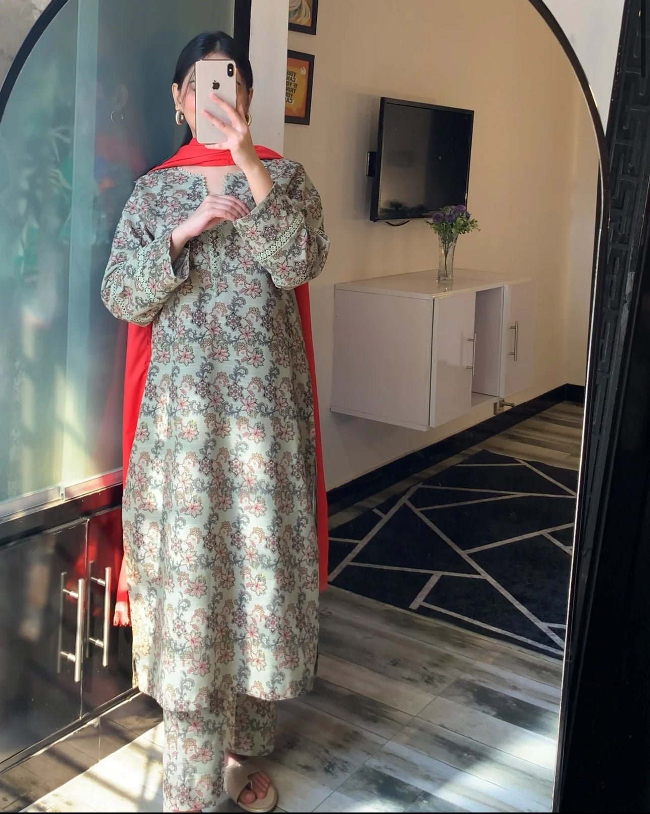 Cultural Fusion Khaddar Printed Smoke Green Dress