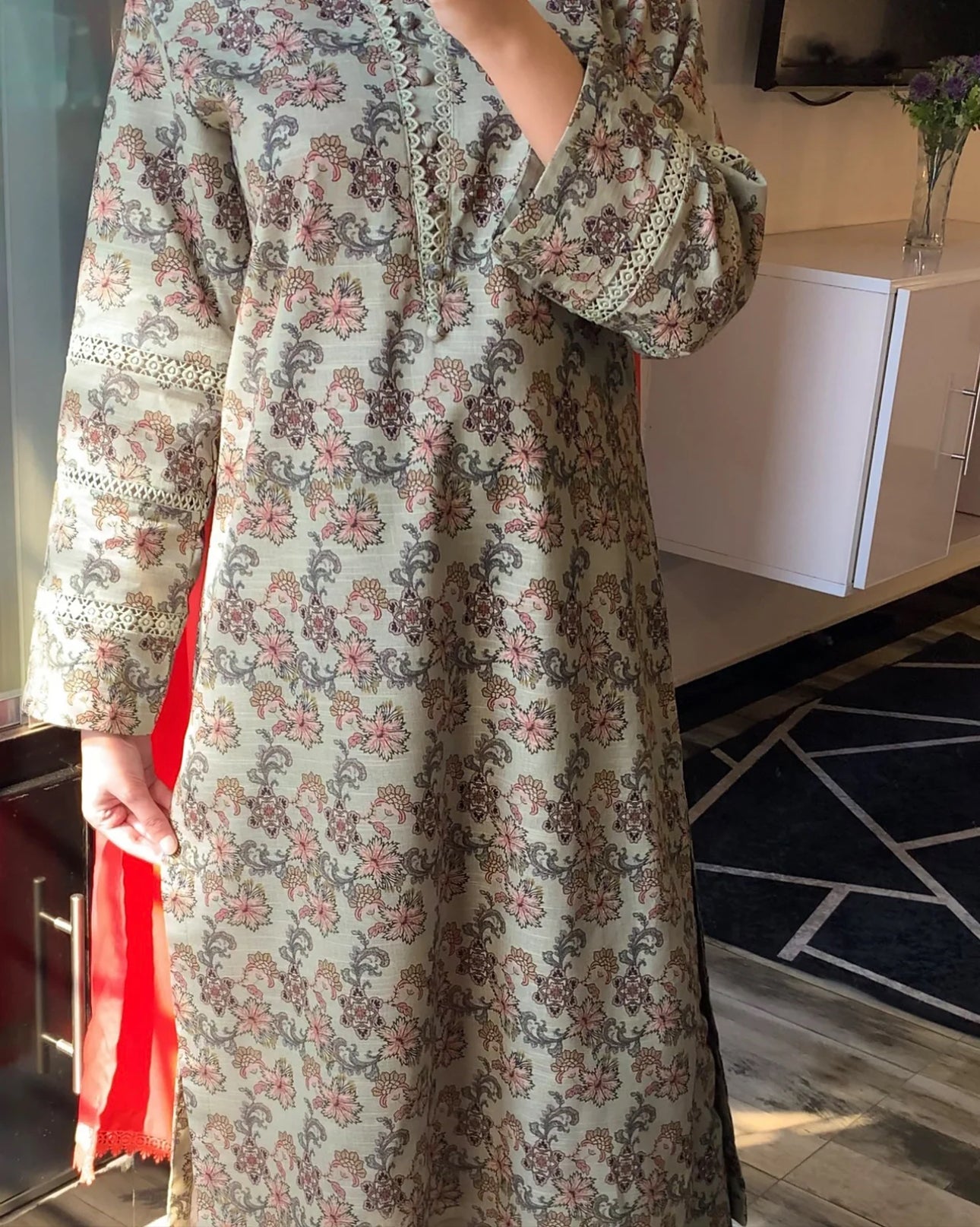 Cultural Fusion Khaddar Printed Smoke Green Dress