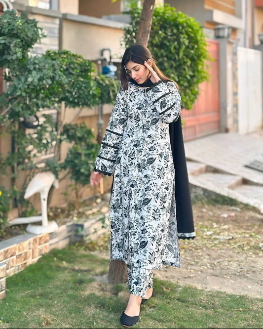 Cultural Fusion 3Pc Dobby Khaddar Printed Grey Black Floral Dress