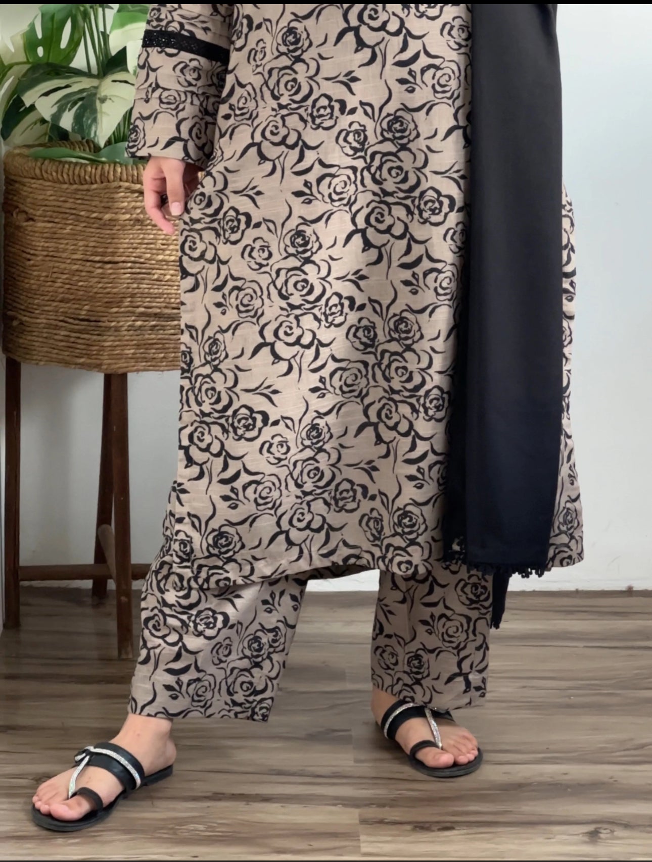 Cultural Fusion 3Pc Dobby Khaddar Printed Brown Black Dress