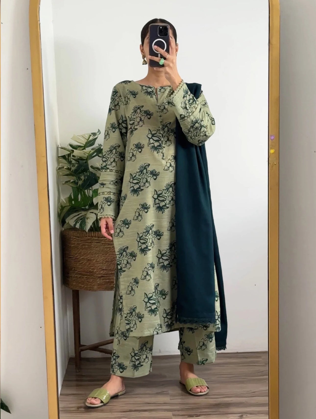 Cultural Fusion 3Pc Dobby Khaddar Printed Pistachio Green Dress