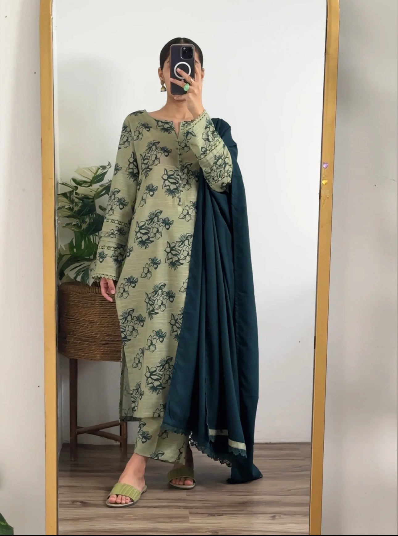 Cultural Fusion 3Pc Dobby Khaddar Printed Pistachio Green Dress