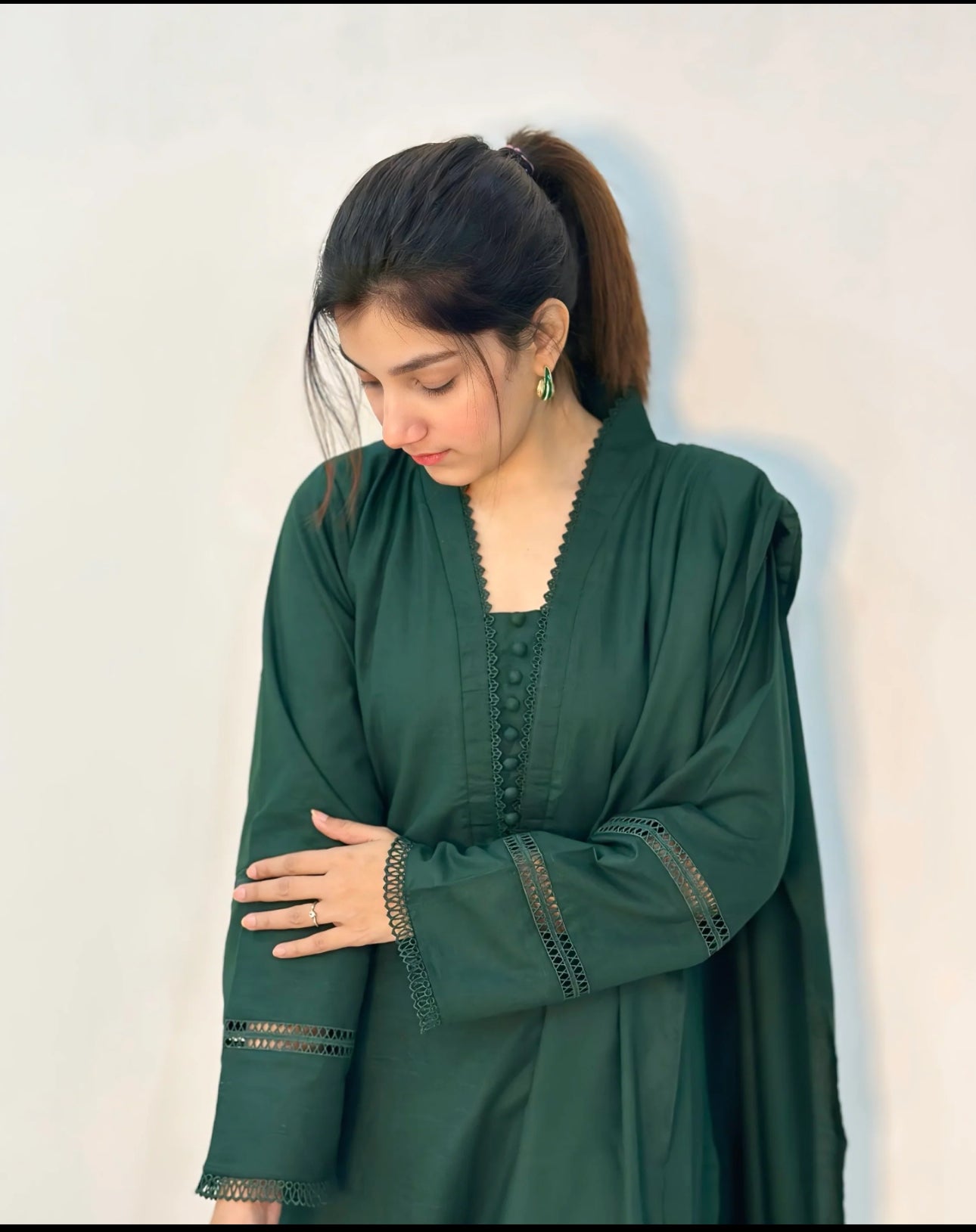 Cultural Fusion 3pc Slub Khaddar Dark Green Dress