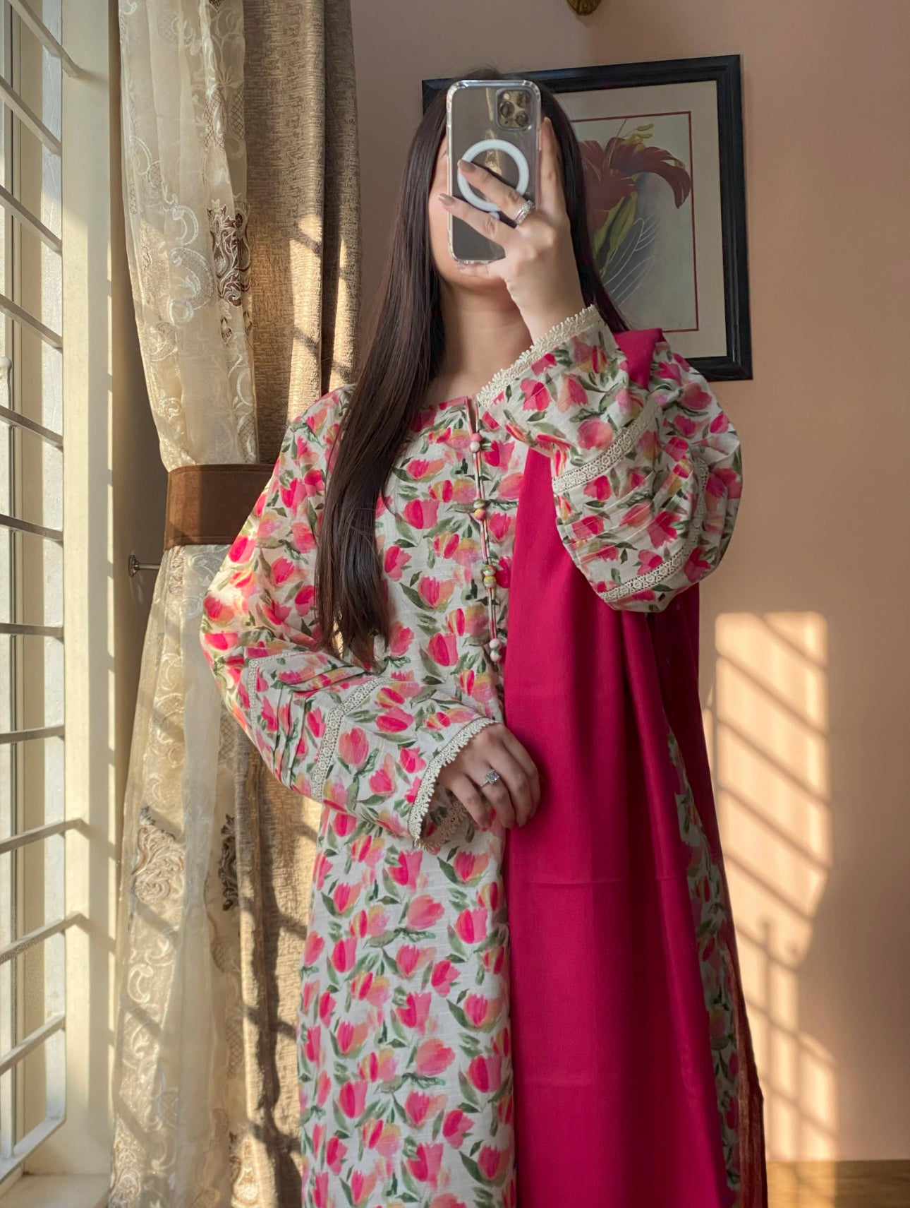 Cultural Fusion 3Pc Khaddar Printed Peach  Floral Dress