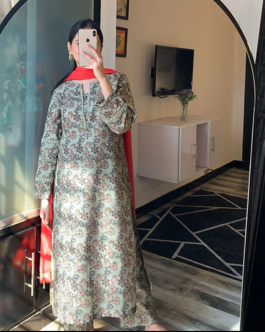 Cultural Fusion Khaddar Printed Smoke Green Dress