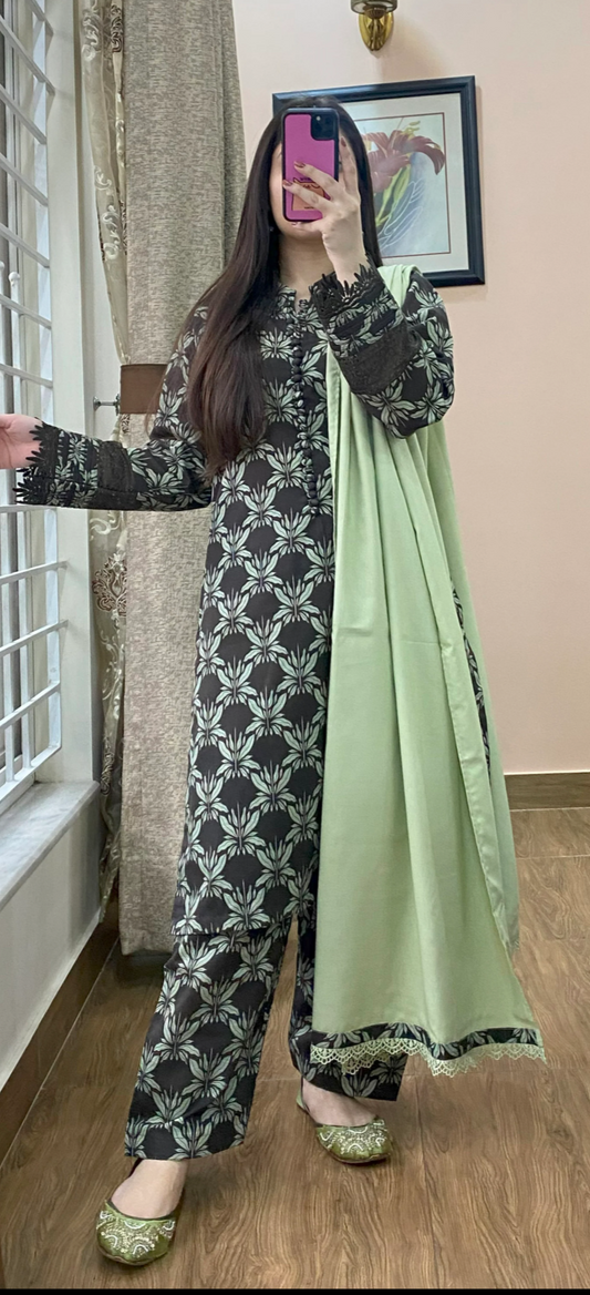 Cultural Fusion 3Pc Khaddar Printed Olive Grey Dress with Shalwar