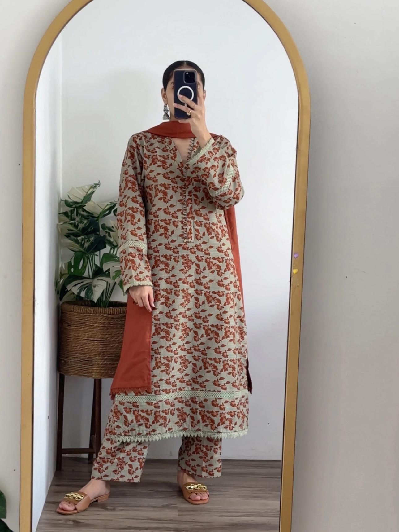 Cultural Fusion 3Pc Dobby Khaddar Printed pistachio burned orange